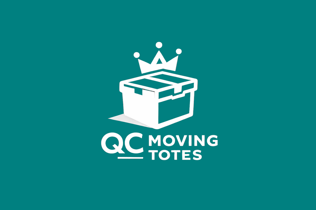 Logo of QC Moving Totes with a moving box and crown on a transparent background
