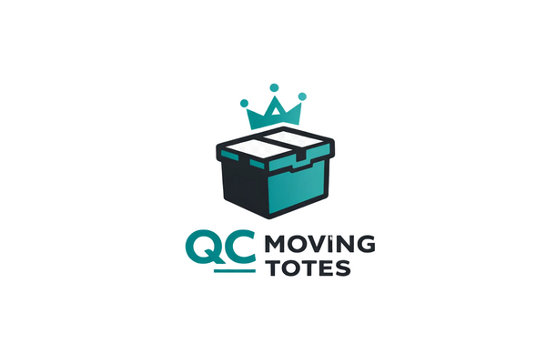 Logo of QC Moving Totes with a moving box and crown on a white background